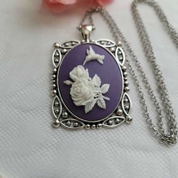 Purple Hummingbird Rose Victorian Cameo Necklace VALENTINES DAY GIFT MOM WIFE - Picture 5 of 5